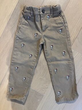Janie and Jack Tan Embroidered Snoopy Chinos